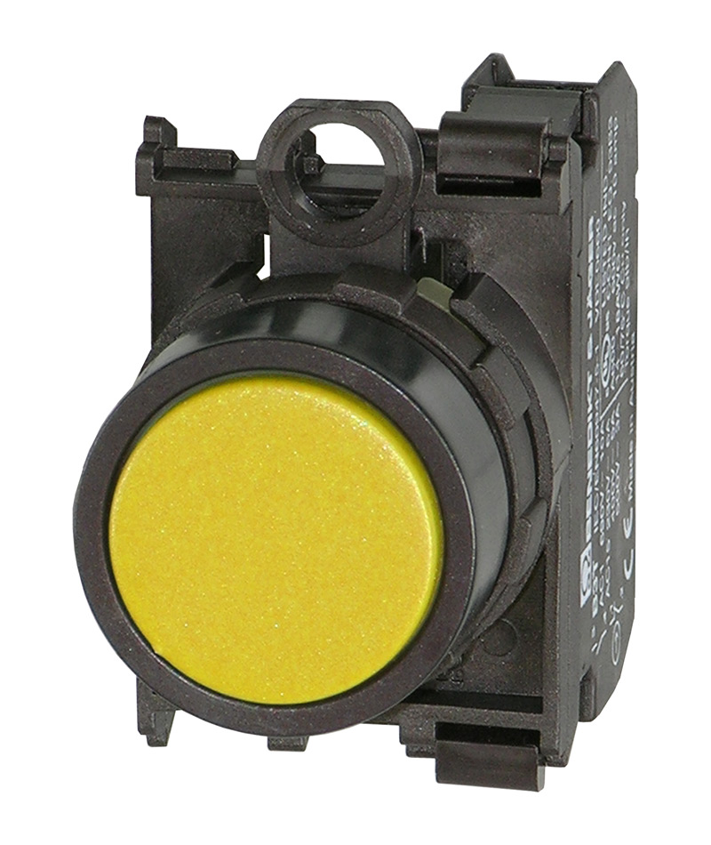 Кнопка желтая без фиксации в сборе, в отверстие 22,5мм, IP67, с кольцом черного цвета, без маркировки, (1NO) BS3D GE/10 Benedict